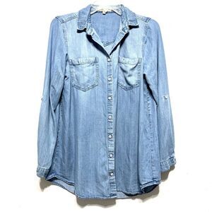 Side Stitch Shirt Blue Chambray Button Up Long Sleeve Collared Blouse Women XS